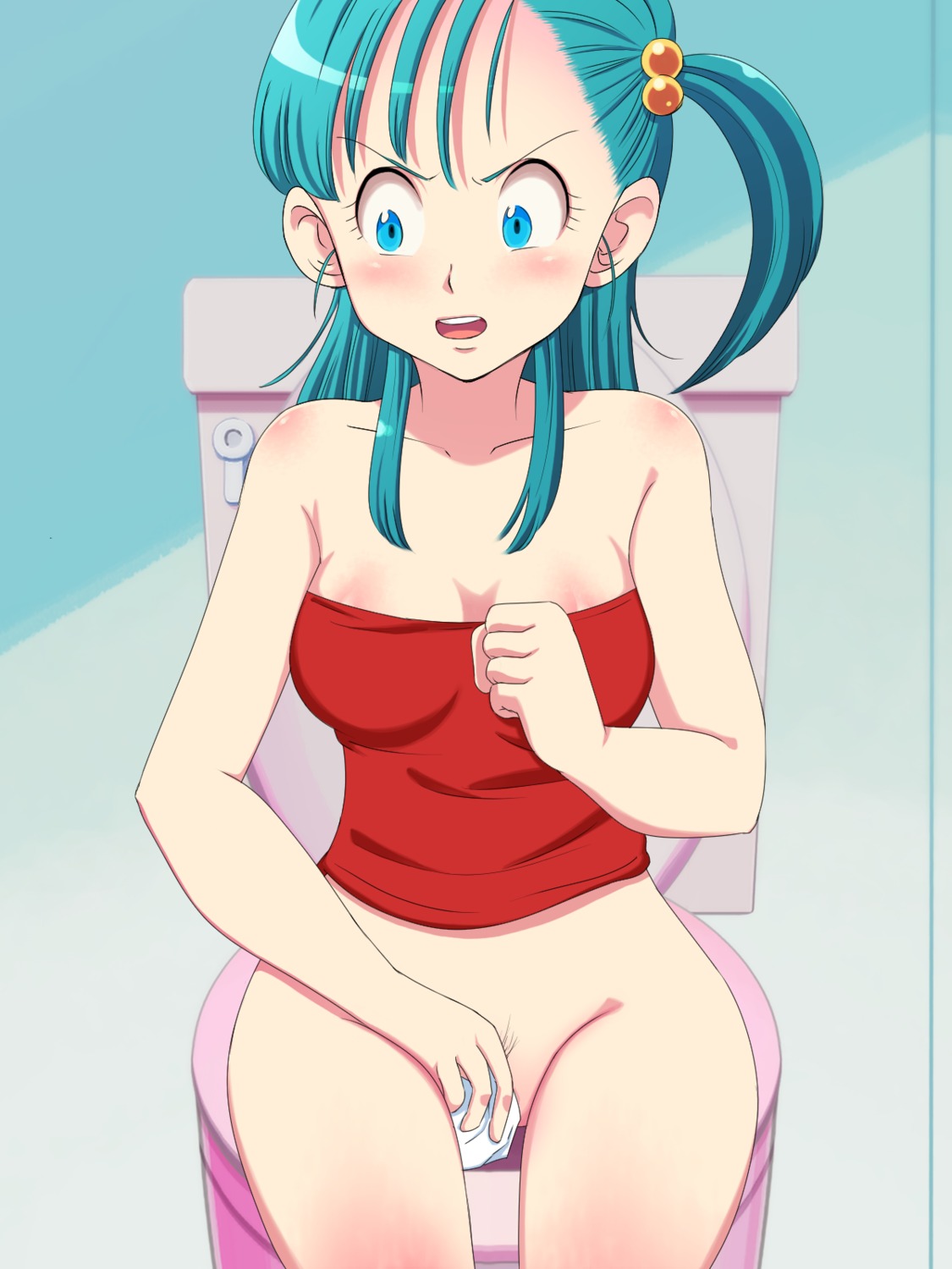 1girls blue_eyes blush breasts bulma_briefs cleavage dragon_ball dragon_ball_(classic) erodon_hearts female female_only hourglass_figure human pubic_hair pussy restroom rule34 solo teal_hair teenager toilet