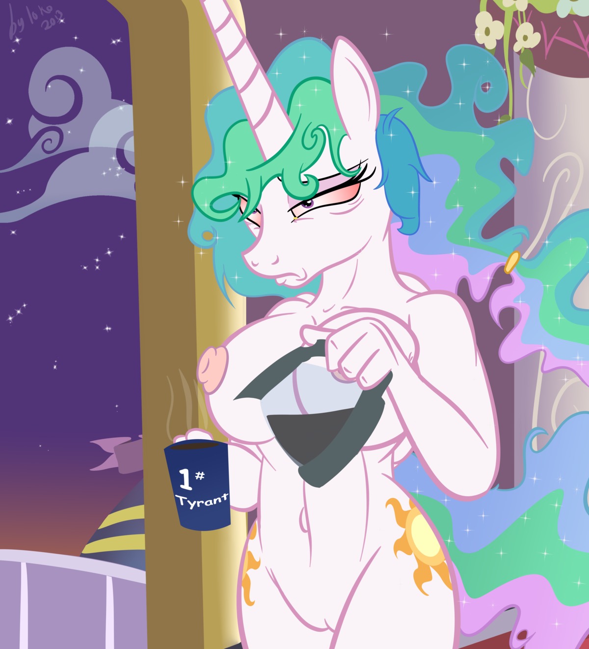 2013 absurd_res anthro anthrofied beverage big_breasts breasts coffee container cup cutie_mark e621 el-loko equid equine erect_nipples feathered_wings feathers female food friendship_is_magic genitals hair hasbro hi_res holding_container holding_cup holding_object horn mammal multicolored_hair my_little_pony mythological_creature mythological_equine mythology nipples nude princess princess_celestia_(mlp) royalty solo tail third-party_edit tired vulva white_body white_feathers wide_hipped_female wide_hips winged_unicorn wings