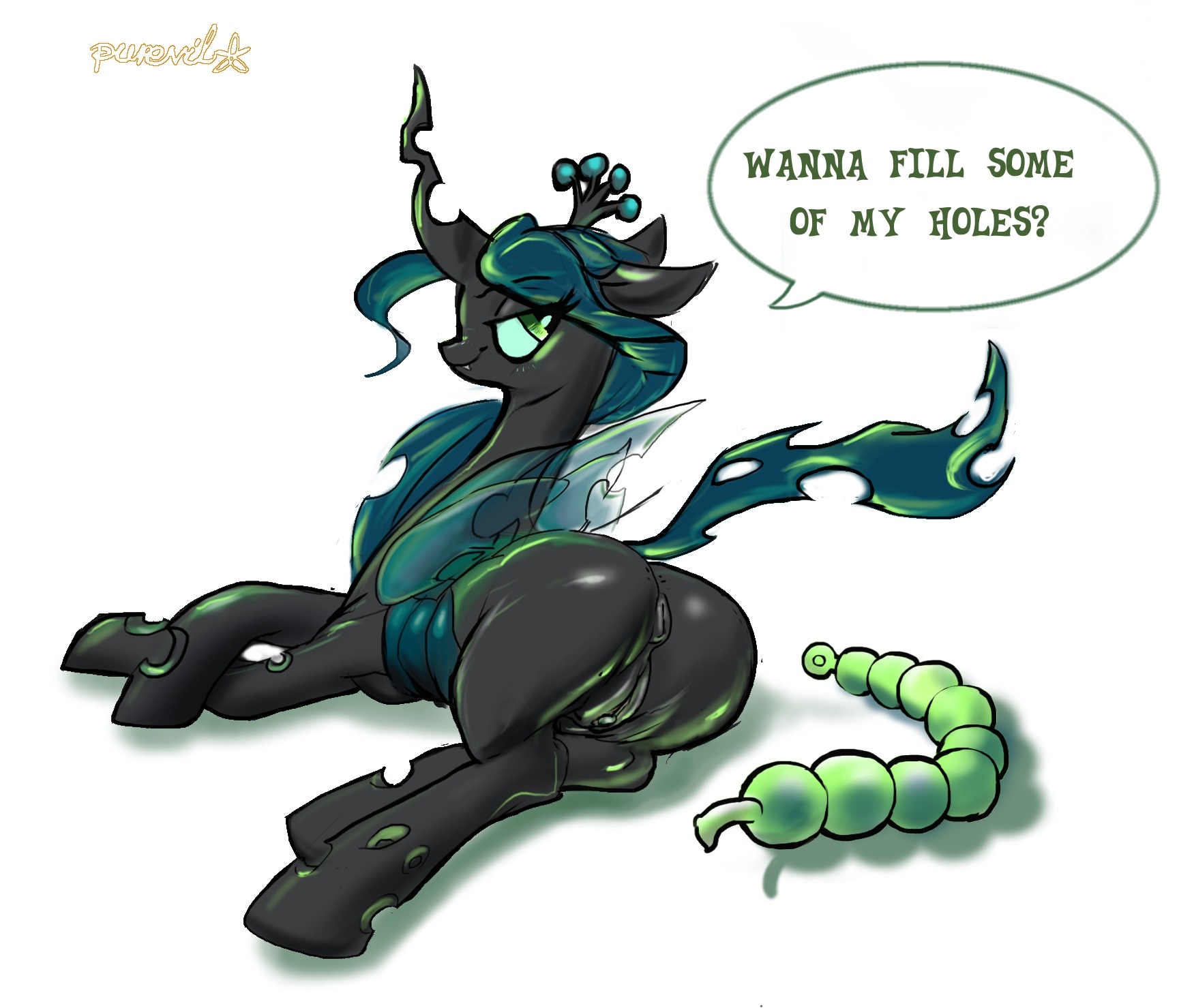 2013 anus arthropod blush butt changeling_(mlp) dialogue e621 english_text female feral friendship_is_magic genitals green_eyes green_hair hair hasbro hi_res insect_wings looking_back my_little_pony purevil quadruped queen_chrysalis_(mlp) simple_background solo speech_bubble tail talking_to_viewer text vulva white_background wings