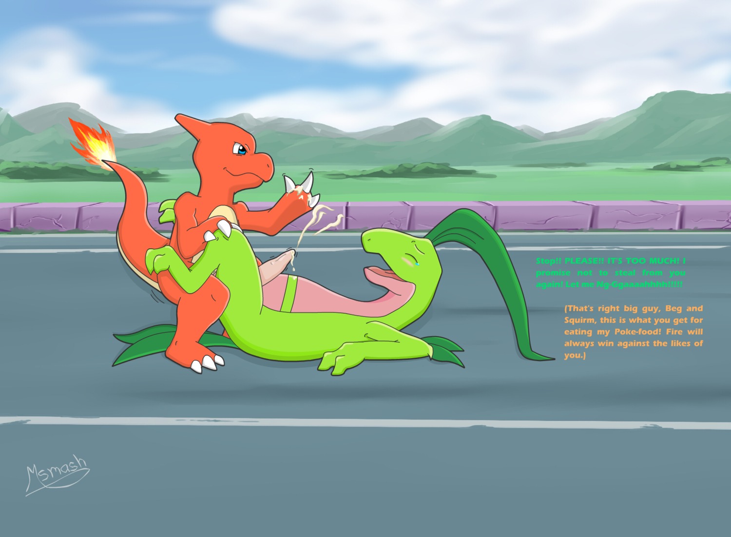 anal anal_penetration anthro anvil_position begging begging_for_mercy blue_eyes blush bodily_fluids canvas charmeleon cloud cum cum_on_hand cum_string cum_while_penetrated cumshot detailed_background dominant dominant_male duo e621 ejaculation english_text erection explicitly_stated_nonconsent eyes_closed fire flaming_tail forced from_front_position generation_1_pokemon generation_3_pokemon genital_fluids genitals grovyle hands-free hi_res interspecies larger_sub legs_up lizard lying male male/male male_penetrated male_penetrating male_penetrating_male meteorsmash nintendo on_back open_mouth orange_body orange_skin orgasm orgasm_face outside penetration penis pokemon pokemon_(species) public rape reptile scalie sex side_view signature size_difference sky submissive tail text toony