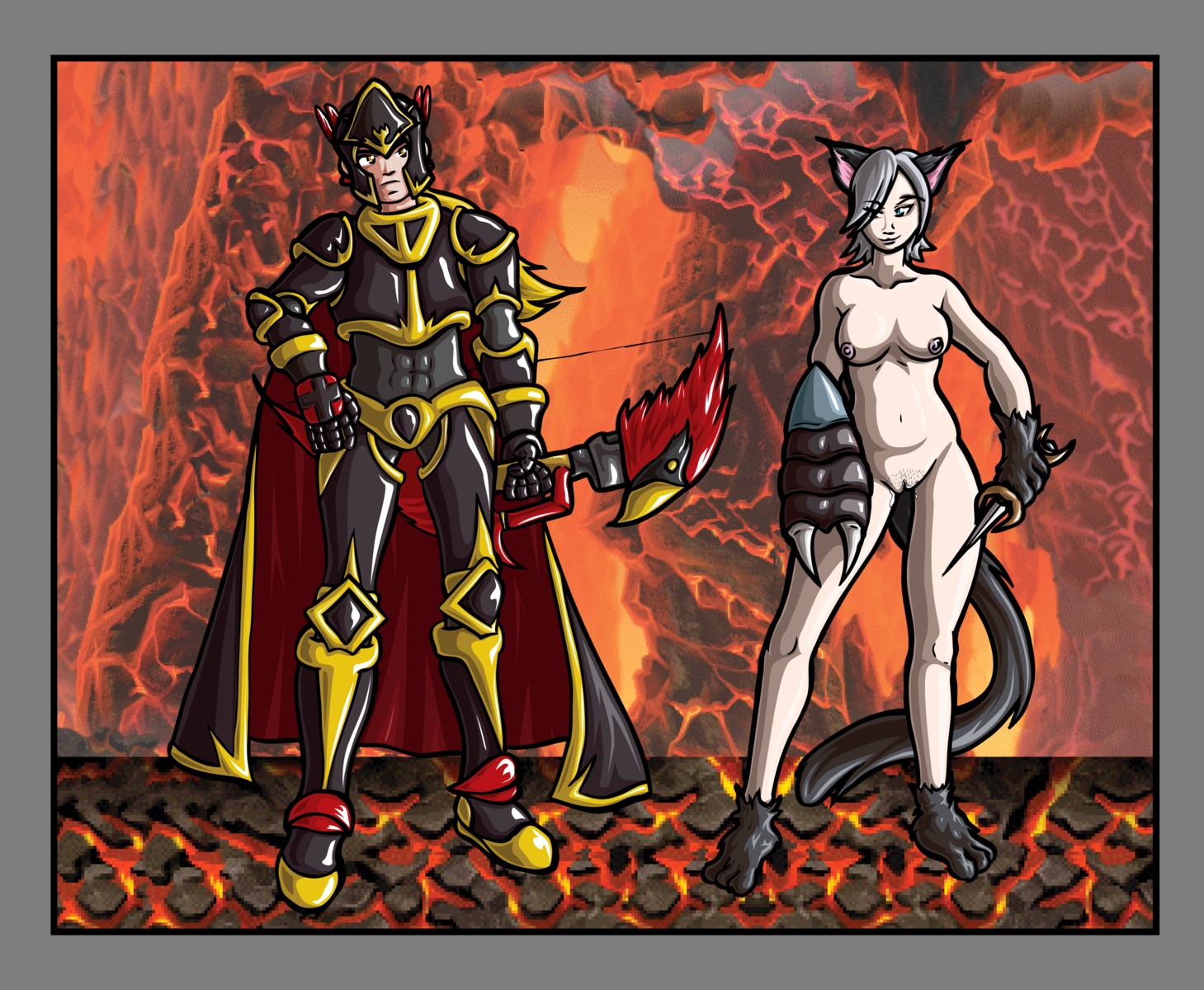 animal_ears archer armor black_hair blonde_hair blue_eyes bow_(weapon) bowman_(maplestory) breasts cat_ears cat_girl cat_tail catgirl evil female humanoid maplestory nude pubic_hair pussy pussy_juice rule34 smile tail thief thief_(maplestory) uncensored weapon yellow_eyes