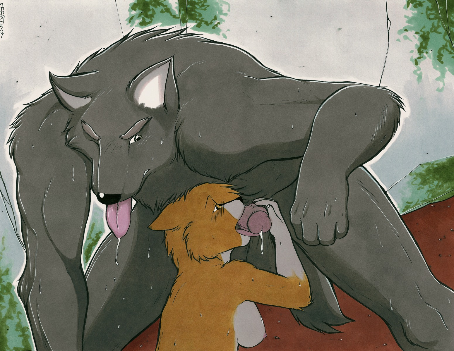anthro bent_over bodily_fluids breasts canid canine canis digital_media_(artwork) domestic_dog duo e621 fellatio female fur genital_fluids genitals herding_dog hi_res larger_male licking male male/female mammal marker_(artwork) meesh mythological_canine mythological_creature mythology nipples nude oral pastoral_dog penile penis precum sex size_difference smaller_female sweat tongue tongue_out traditional_media_(artwork) welsh_corgi werecanid werecanine werecreature werewolf wolf