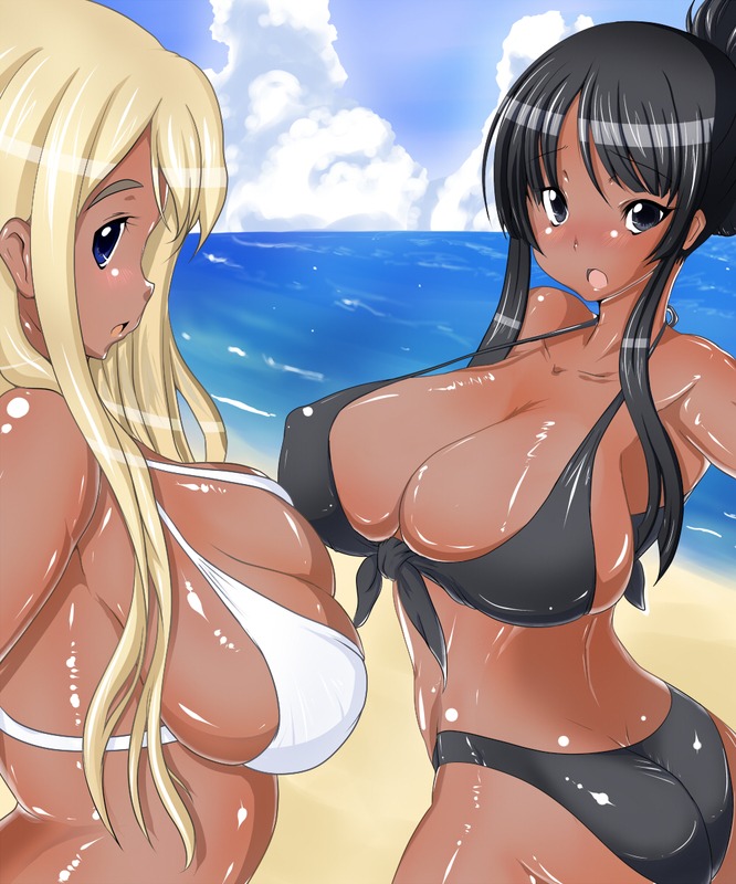 2girls ass bikini blush breasts cleavage dark_skin female huge_breasts human human_only k-on! kinokoutarou mio_akiyama_(k-on!) multiple_females multiple_girls oil rule34 swimsuit tsumugi_kotobuki_(k-on!)