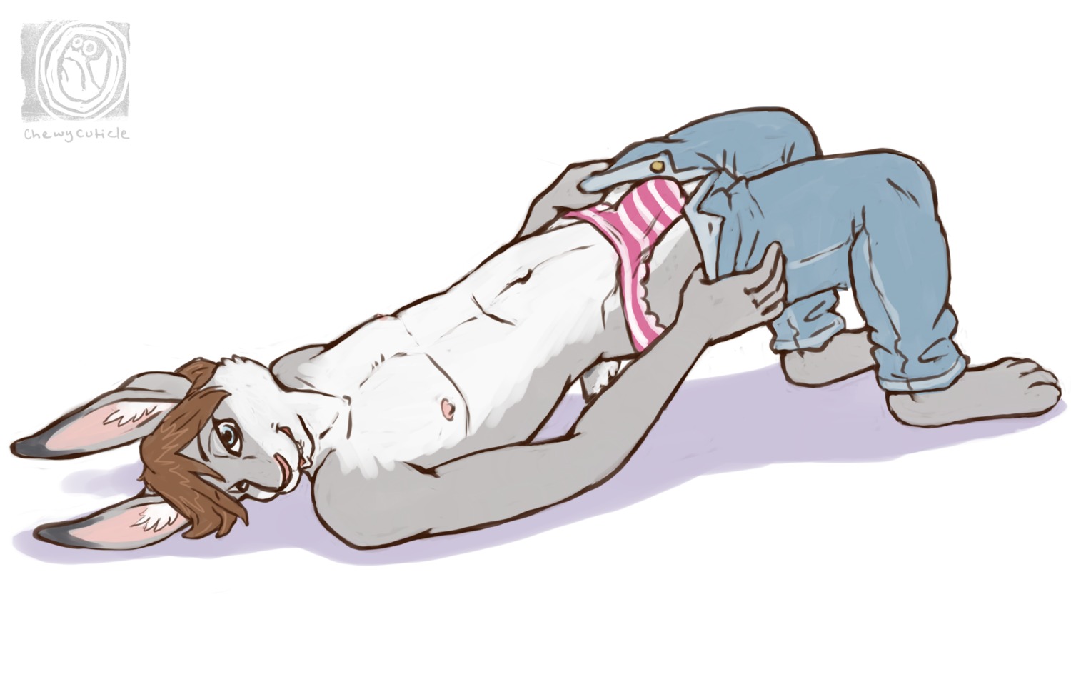 anthro bedroom_eyes biped bite biting_lip biting_own_lip bottomwear bottomwear_down brown_hair bulge chewycuticle clothed clothing crossdressing detailed_bulge digital_media_(artwork) e621 fur genital_outline grey_body grey_fur hair half-closed_eyes hi_res lagomorph leporid lips logitech_(character) looking_at_viewer lying male mammal narrowed_eyes nipples on_back panties pants pants_down partially_clothed penis_outline rabbit seductive self_bite simple_background solo topless underwear undressing white_body white_fur