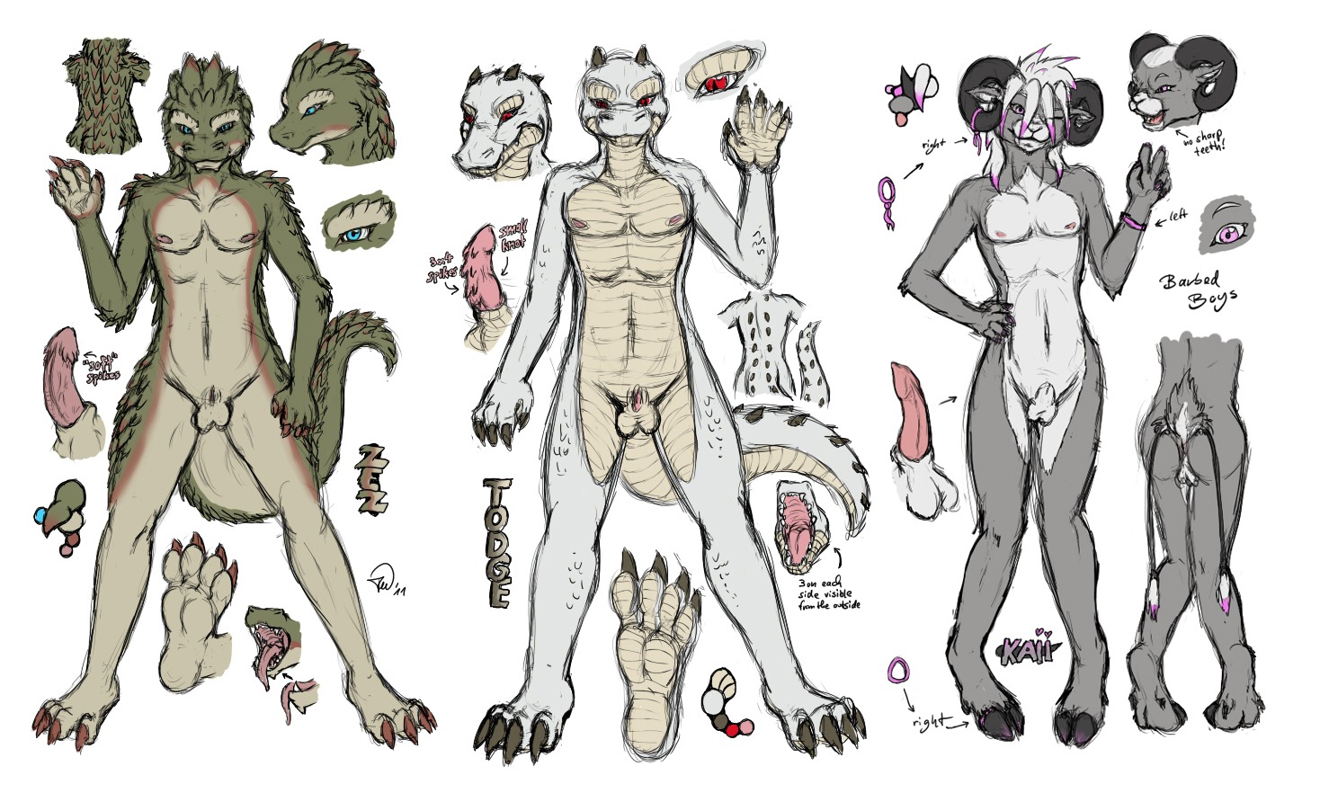 alligator alligatorid animal_genitalia balls barbed_boys barbedstudios bovid caprine crocodilian e621 erection fangs forceswerwolf fully_sheathed genital_slit genitals goat group kaii lizard male mammal model_sheet mouth_shot nude open_mouth paws penis reptile scalie sheath simple_background sketch tail teeth todge white_background zez