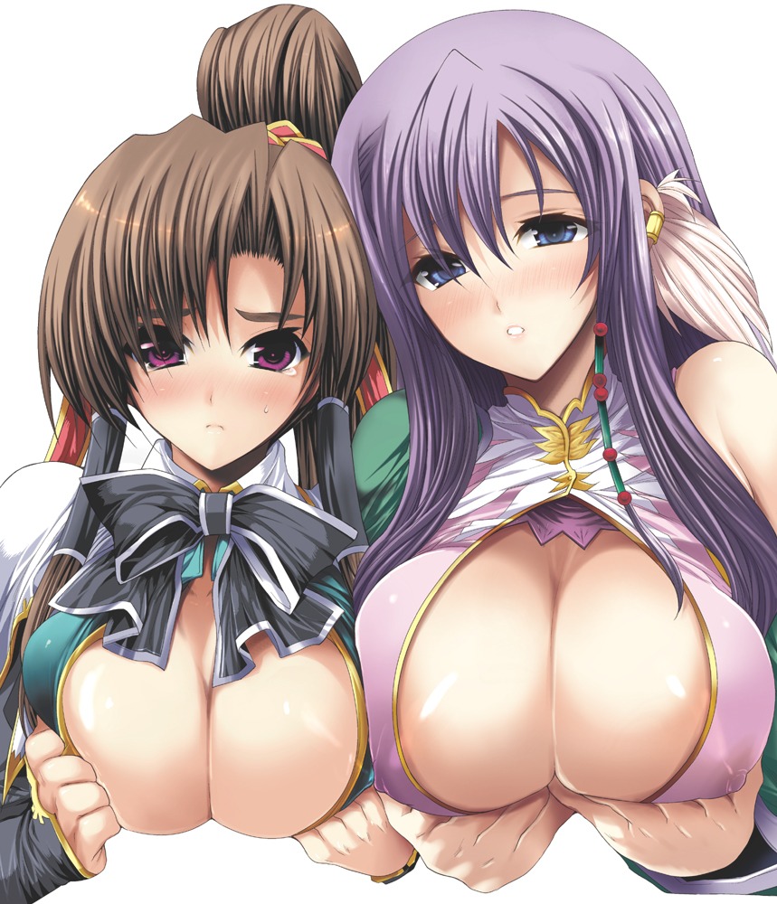 bachou_mouki_(koihime) blush breasts brown_hair cleavage female female_only huge_breasts koihime&dagger;_(series) koihime_musou kouchuu_kanshou midori milf multiple_females multiple_girls ponytail purple_eyes purple_hair rule34 shinano_yura tear tied_hair