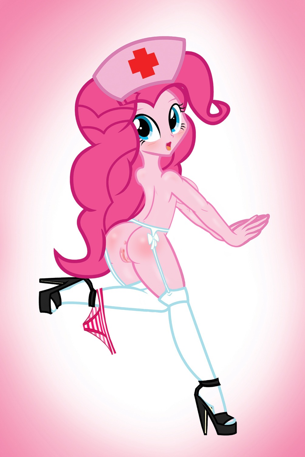 2014 anus belt blush bottomwear breasts butt clothing e621 equestria_girls female footwear full-length_portrait garter_belt garter_straps genitals hasbro hat headgear headwear hi_res high_heels human legwear looking_at_viewer mammal my_little_pony not_furry nurse panties pattern_bottomwear pattern_clothing pattern_panties pattern_underwear pinkie_pie_(eg) platform_footwear platform_heels portrait pyruvate shoes simple_background solo stockings striped_bottomwear striped_clothing striped_panties striped_underwear stripes third-party_edit underwear vulva