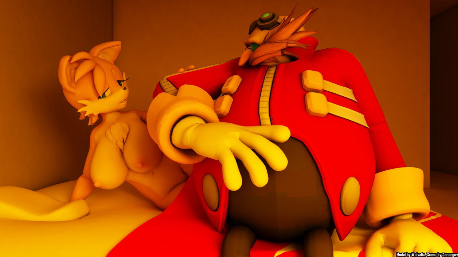 16:9 2014 3d_(artwork) 4k absurd_res annonguy anthro anthrofied areola big_breasts blue_eyes bodily_fluids breasts canid canine chest_tuft clothing crossgender crying digital_media_(artwork) dr._eggman duo e621 facial_hair female fox fur genitals hair hi_res human male mammal miles_prower mtf_crossgender mustache nipples nude open_mouth sega sonic_the_hedgehog_(series) tears tuft vulva white_body white_fur widescreen wolvalix yellow_body yellow_fur