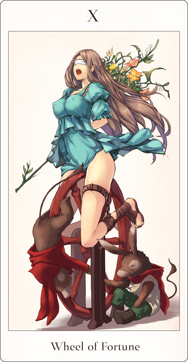 1girls arms_behind_back blindfold bondage brown_hair donkey equine erect_nipples female fine_art_parody flower fur highres human keypot light-skinned_female light_skin long_hair mammal nipples open_mouth public_domain pussy pussy_juice restrained rule34 tactics_ogre tarot wheel wheel_of_fortune_(tarot) white_background