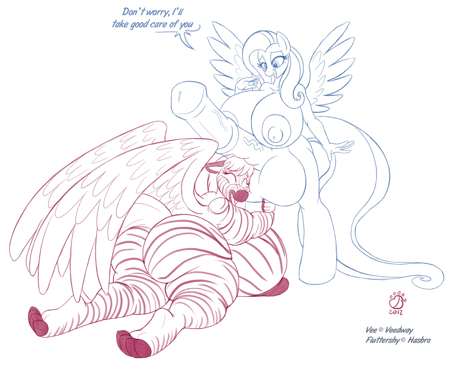 2012 absurd_res anthro anthrofied badgerben balls big_breasts big_penis breasts cutie_mark duo e621 equid equine erection feathered_wings feathers female fluttershy_(mlp) friendship_is_magic genitals gynomorph hair hasbro hi_res huge_breasts huge_penis hyper hyper_breasts intersex mammal my_little_pony mythological_creature mythological_equine mythology nipples pegasus penis smile stripes text vee_(veedway) wings zebra
