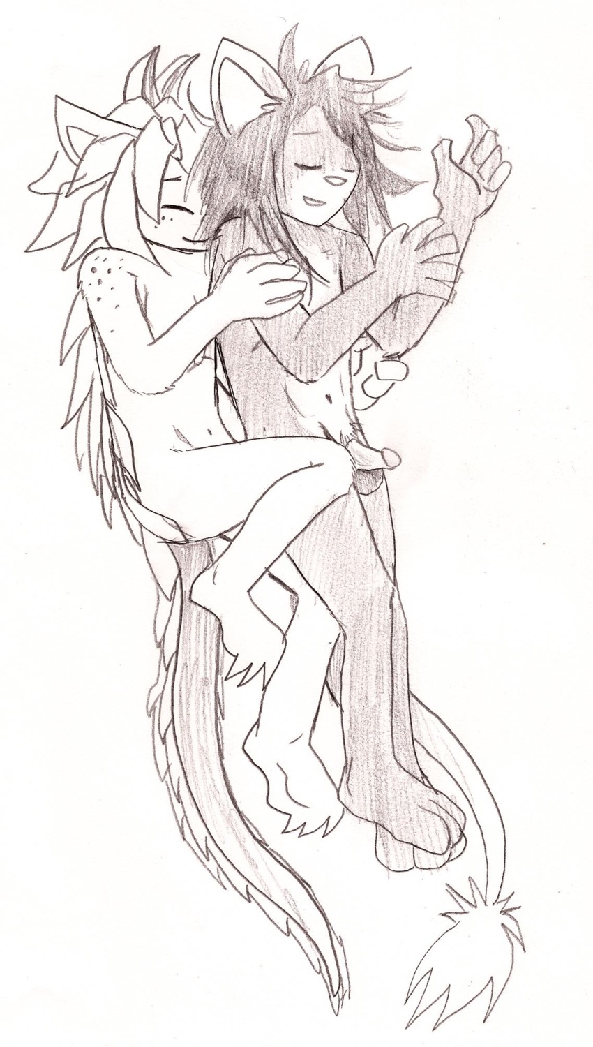 2013 anthro cuddling duo e621 eyes_closed genitals hair hi_res long_hair male male/male mammal monochrome nude pangolin penis pubes raiettei_(artist) scalie sketch tail thin_calves thin_legs thin_thighs unknown_species