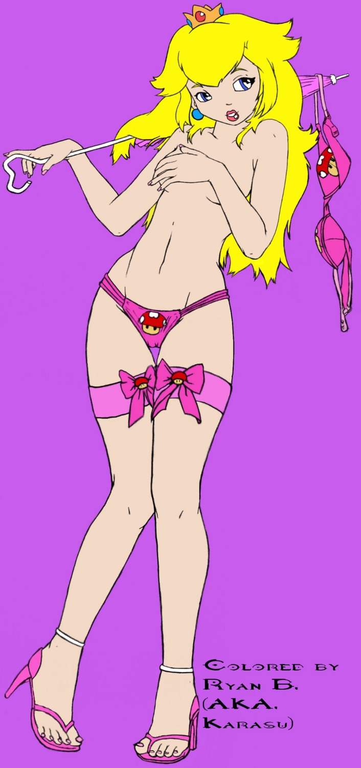 clothes color covering crown ear_piercing female female_only front_view hair karasu long_hair mario_(series) nintendo piercing princess_peach rule34 solo tagme topless umbrella vampire2099 yellow_hair