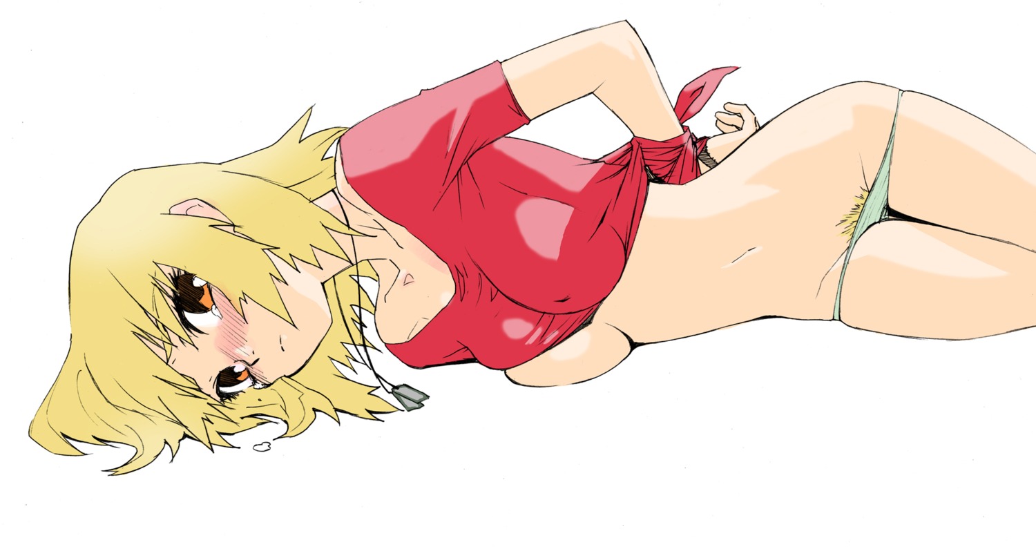1girls blonde_hair blush bondage bound_arms breasts cagalli_yula_athha dog_tags female green_panties gundam gundam_seed highres lying midriff navel on_side panties panty_pull pubic_hair rule34 shirt shirt_lift short_hair solo underboob underwear yellow_eyes