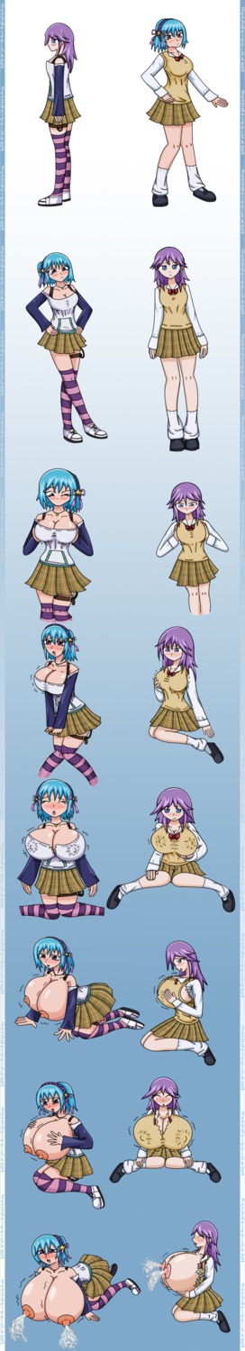 2girls big_breasts blue_eyes blue_hair blush breast_expansion breast_growth breast_growth_(enlargement) breasts clothes_swap clothing_swap demon demon_girl female female_only gigantic_breasts hair_ornament hair_ribbon hand_drawn kurono_kurumu lactation large_breasts loose_socks multiple_females multiple_girls nipples purple_eyes purple_hair rosario+vampire rule34 school_uniform schoolgirl sexygoldfish52 shirayuki_mizore socks succubus torn_clothes white_socks