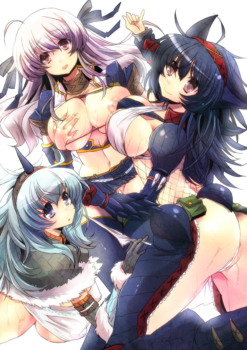 ahoge animal_ear armor asai_ichiko ass azul_(armor) black_hair blue_eyes blue_hair blue_legwear breasts capcom color female female_only fishnets gloves group hair_ribbon hairband horn huge_breasts kirin_(armor) large_breasts lavender_eyes lavender_hair long_hair midriff monster_hunter monster_hunter_frontier multiple_females multiple_girls nargacuga_(armor) navel nipple_slip nipples open_mouth panties panties_pull panty_pull pussy ribbon rule34 self_fondle silver_hair simple_background smile thighhighs underboob underwear vagina