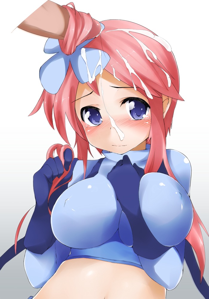 blush cum cum_on_hair facial female gloves gym_leader hairjob human male midriff nintendo penis pokemon pokemon_bw red_hair rule34 skyla_(pokemon) straight terazip uncensored