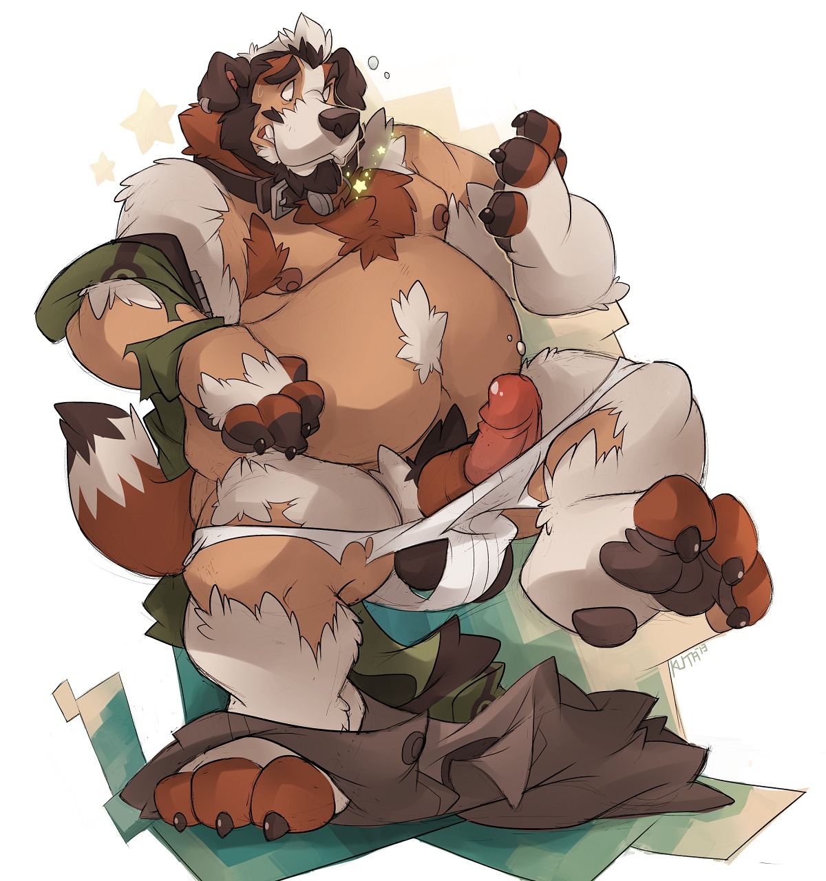 2013 anthro armpit_hair balls belly biped body_hair canid canine canis claws clothing collar dog_barrel domestic_dog e621 erection fur genitals hair hi_res human kuma male mammal molosser mountain_dog nipples nude paws penis saint_bernard slightly_chubby solo torn_clothing transformation