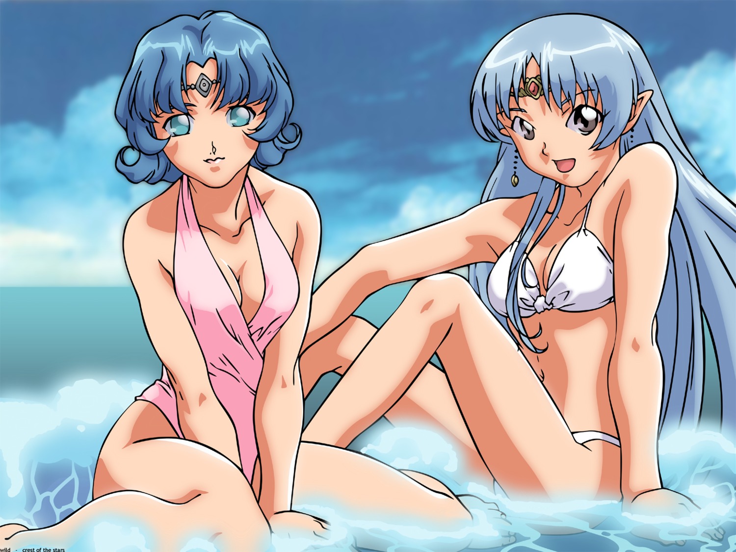 2girls bikini blue_eyes blue_hair breasts casual_one-piece_swimsuit circlet cleavage cloud earrings ekuryua female grey_eyes high_resolution jewelry lafiel legs long_hair mizugi multiple_females multiple_girls ocean one-piece_swimsuit open_mouth outdoors partially_submerged pointy_ears rule34 seikai_no_senki short_hair sitting sky smile swimsuit very_long_hair wallpaper water watermark white_bikini