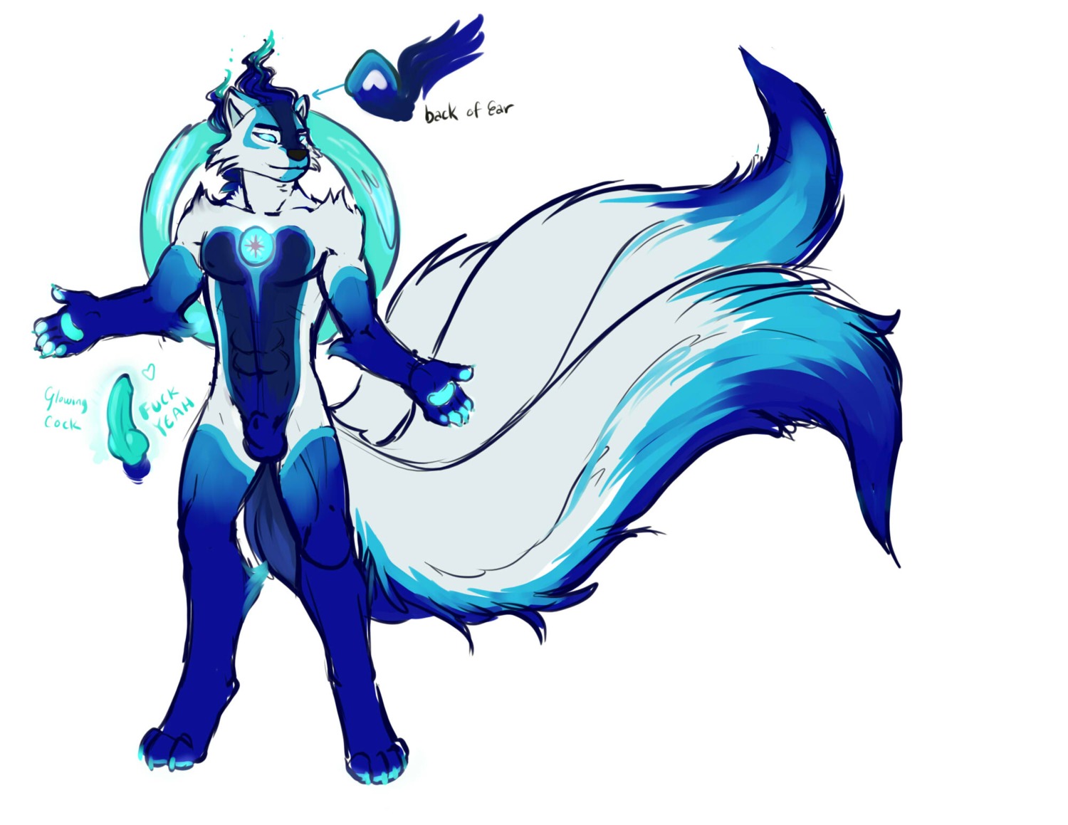 animal_genitalia animal_penis anthro balls canid canine canine_genitalia canine_penis canis e621 erection fox fully_sheathed genitals glowing hi_res hybrid iggi knot knotted_penis male mammal markings multi_tail nude penis sheath solo tail tanek_eros tanek_woofer water wolf