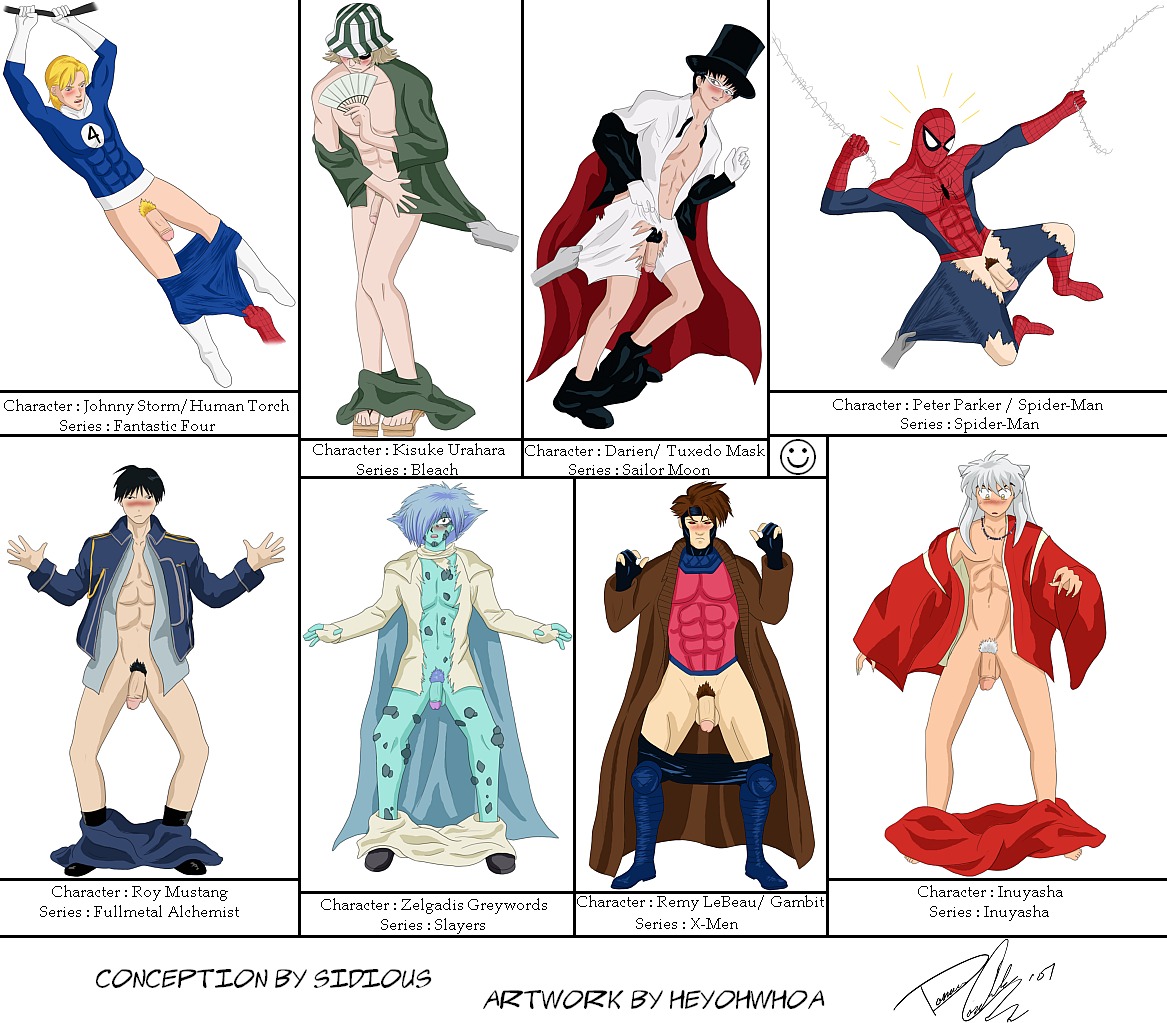 2007 8boys abs bishoujo_senshi_sailor_moon bleach blue_skin blush cape character_name clothing clothing_pull exposed_penis fan fantastic_four fingerless_gloves flaccid flaccid_penis forced_presentation fullmetal_alchemist gambit heyohwhoa human_torch inuyasha inuyasha_(character) johnny_storm kisuke_urahara male male_only mamoru_chiba marvel marvel_comics masked mottled_skin multiple_males multiple_penises necklace no_sex open_jacket open_shirt pants pants_around_ankles pants_down pants_pulled_down pecs penis penis_size_difference peter_parker presenting_penis pubic_hair remy_le_beau roy_mustang rule34 slayers spider-man spider-man_(series) straight_hair top_hat torn_clothes torn_clothing uncensored x-men zelgadis_graywords