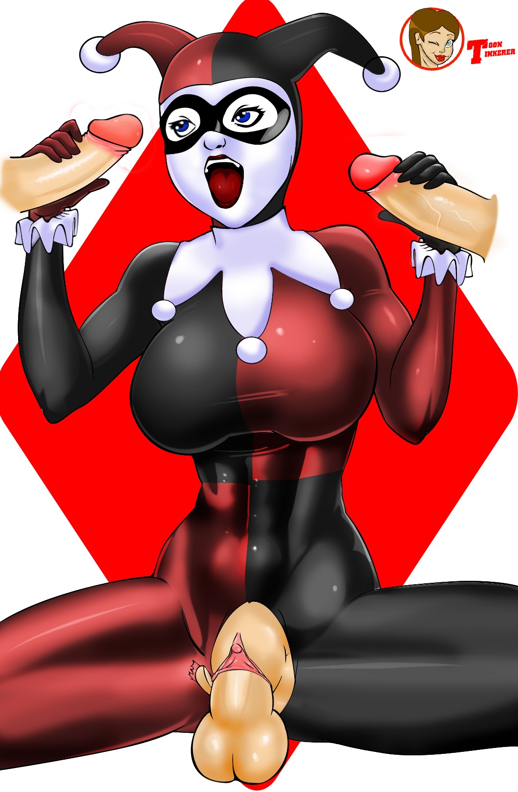 1girls batman_(series) big_breasts blue_eyes bodysuit breasts dc dc_comics disembodied_penis double_handjob female female_focus gangbang gloved_handjob gloves hand_on_penis handjob handjob_with_gloves harley_quinn harley_quinn_(classic) holding_penis large_breasts male multiple_males penis pussy rule34 straight tagme toontinkerer torn_bodysuit torn_clothing touching_penis vaginal_penetration veiny_penis