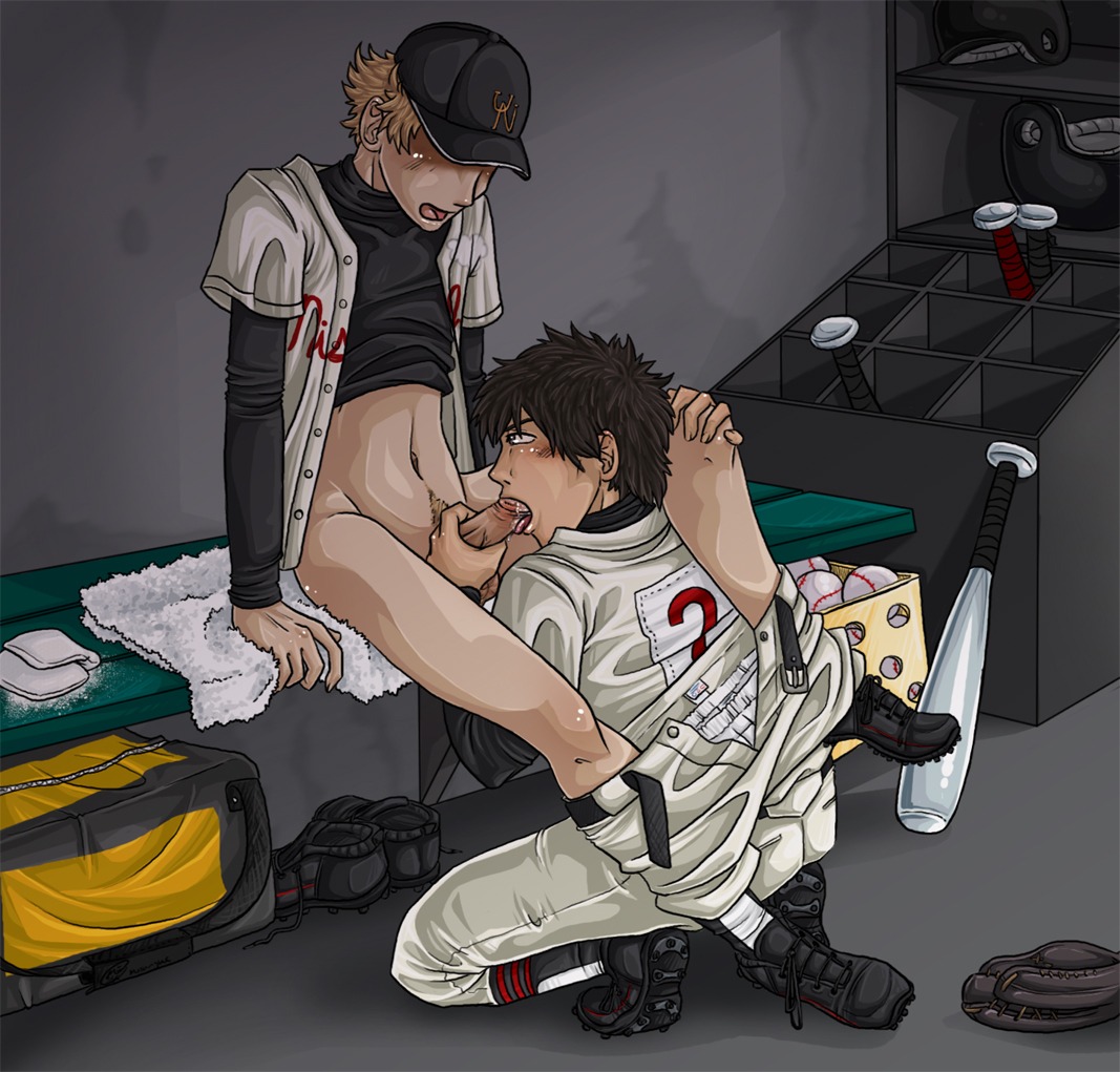 2boys abe_takaya ball_(object) baseball baseball_bat baseball_cap baseball_uniform bench gay hat jersey jock jock_slut locker_room male mihashi_ren multiple_boys multiple_males ookiku_furikabutte oral penis rule34 sitting sports sports_uniform sportswear uncensored undressing yaoi
