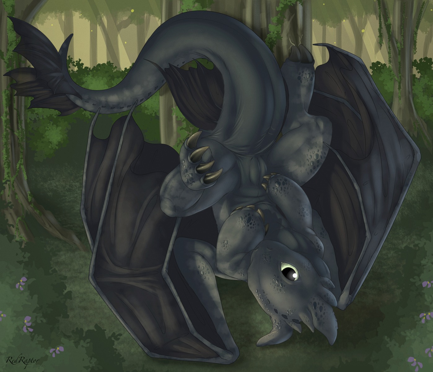 absurd_res animal_genitalia black_body black_scales claws detailed_background dragon dreamworks e621 european_mythology feral fin forest fury_(httyd) genital_slit genitals hi_res how_to_train_your_dragon looking_at_viewer male membrane_(anatomy) membranous_wings mythological_creature mythological_scalie mythology nature night_fury outside plant redraptor16 scales scalie solo tail tail_fin toothless tree upside_down western_dragon wings