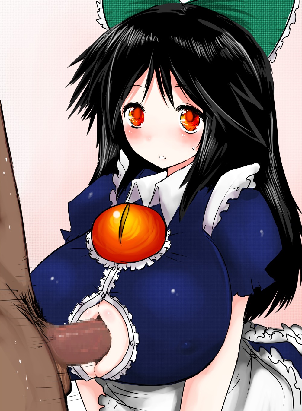 3_eyes alternate_costume black_hair breasts censored cleavage dark-skinned_male dark_skin female hair_ornament han64 han_(jackpot) highres huge_breasts long_hair maid male multi_eye paizuri paizuri_under_clothes penis perpendicular_paizuri red_eyes rule34 touhou utsuho_reiuji