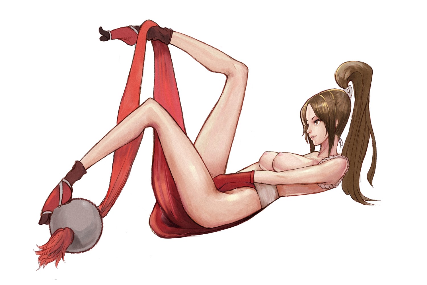 brown_eyes brown_hair fatal_fury female female_only hidezi human king_of_fighters legs lips mai_shiranui nipples on_back ponytail rule34 solo tied_hair