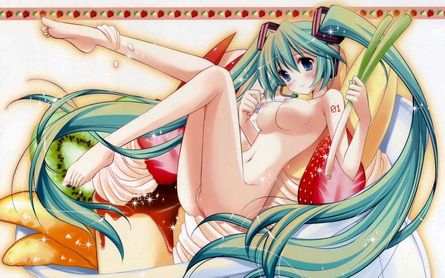 1girl aqua_eyes aqua_hair barefoot blush breasts feet female food fruit green_hair hatsune_miku headset in_food large_breasts legs long_hair medium_breasts minigirl nipples nude pussy rule34 smile solo spring_onion strawberry tagme twintails very_long_hair vocaloid