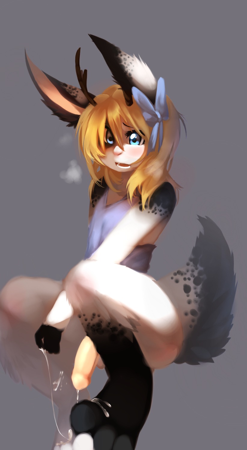 accessory allen_myriad anthro antlers blonde_hair blue_eyes bodily_fluids bow_(feature) bow_accessory bow_ribbon cum cum_on_feet cum_on_hand cum_string digital_media_(artwork) e621 feet femboy genital_fluids genitals hair hair_accessory hair_bow hair_ribbon half-erect hi_res hindpaw horn jackalope kanel lagomorph male mammal paws penis ribbons simple_background solo tail