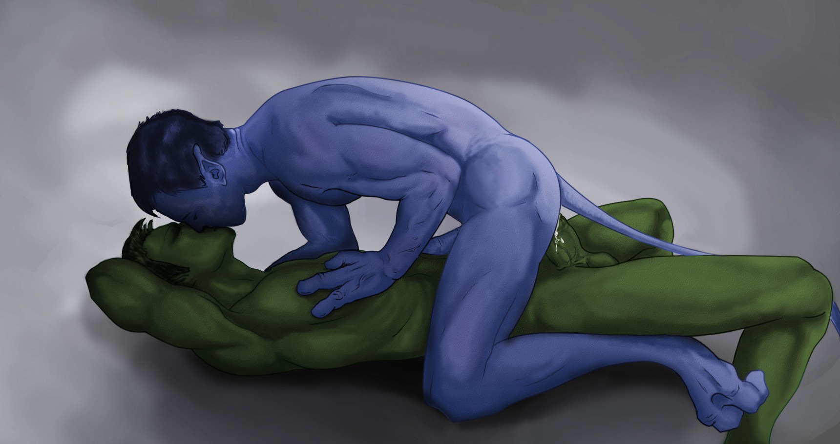 2_toes 3_fingers anal anal_penetration balls beast_boy blue_hair bodily_fluids crossover cum cum_in_ass cum_inside dc_comics duo e621 erection eyes_closed feet fingers genital_fluids genitals green_hair hair hi_res humanoid humanoid_genitalia humanoid_penis lying male male/male male_penetrated male_penetrating male_penetrating_male marvel nightcrawler not_furry nude on_back penetration penis sex simple_background teen_titans toes unknown_artist x-men