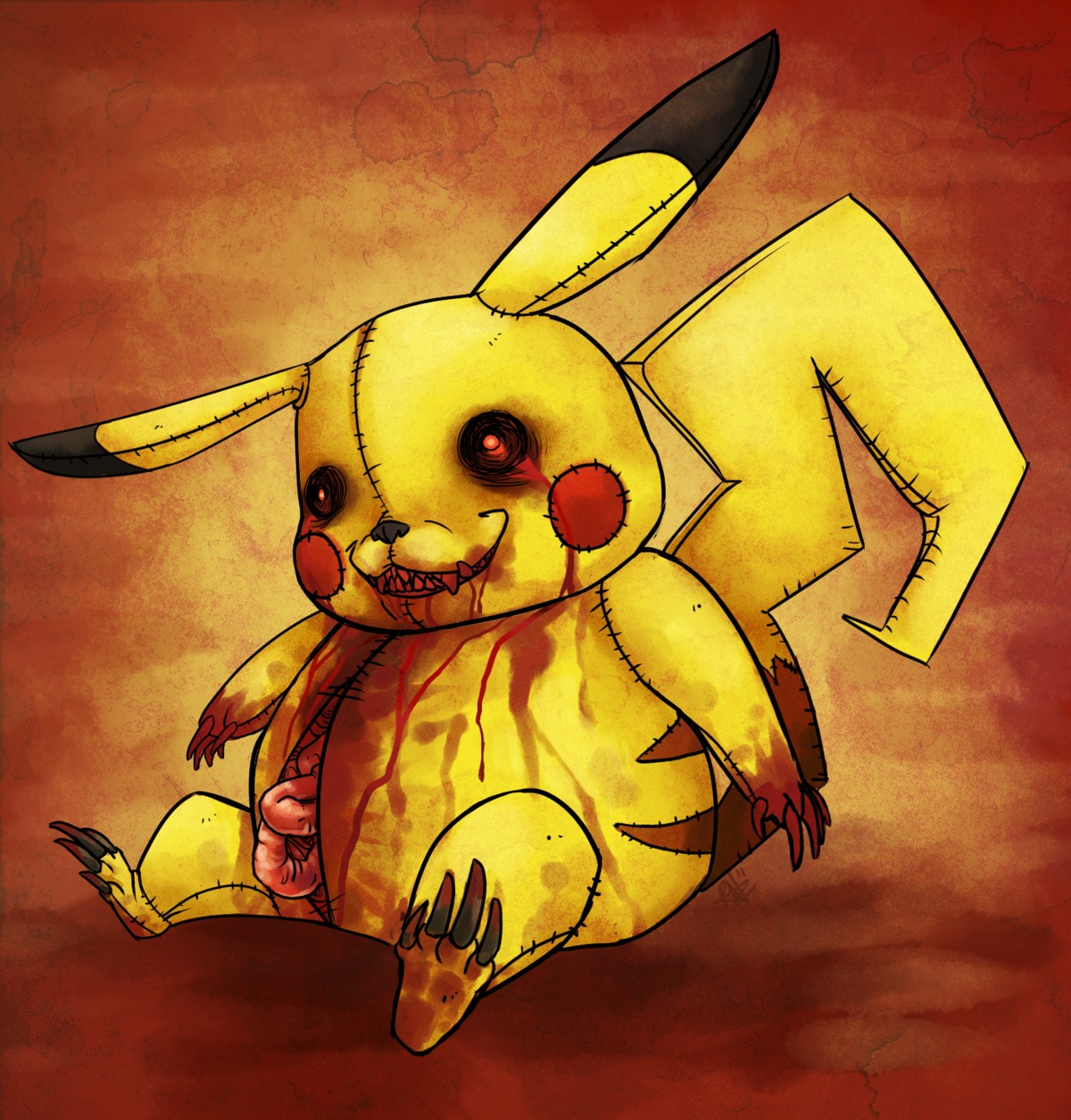blood bodily_fluids brvr claws creepy creepypasta doll e621 entrails feral fur generation_1_pokemon gore grin guts hi_res horror_(theme) intestines male mammal nightmare_fuel nintendo organs pikachu plushie pokemon pokemon_(species) rodent smile solo soul_devouring_eyes teeth unknown_artist yellow_body yellow_fur