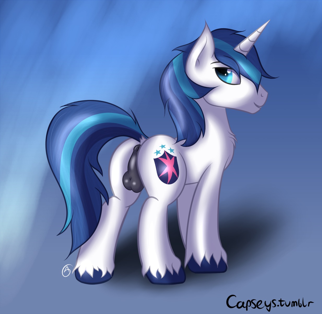 anus backsack balls butt capseys cutie_mark e621 equid equine feral friendship_is_magic fur genitals hasbro hi_res horn looking_at_viewer looking_back male mammal my_little_pony mythological_creature mythological_equine mythology nude perineum quadruped shining_armor_(mlp) simple_background solo tail unicorn white_body white_fur