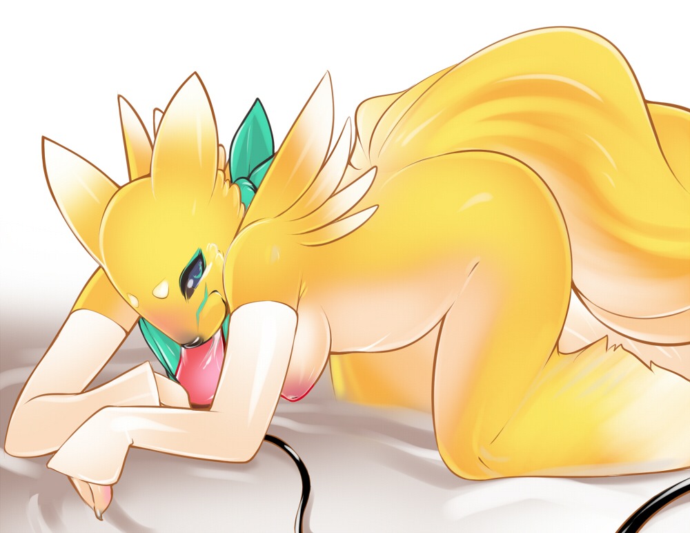 2011 all_fours anthro areola armwear bandai_namco bed black_sclera blush breasts canid canine chest_tuft clothing countershading digimon digimon_(species) digital_media_(artwork) dildo e621 elbow_gloves facial_markings female fur furniture gloves green_eyes handwear hanging_breasts head_markings inverted_nipples looking_at_viewer mammal markings mostly_nude nipples oral oral_penetration overweight overweight_anthro overweight_female penetration renamon scarf sex_toy shaded slightly_chubby solo tail tsampikos tuft vibrator yellow_body yellow_fur