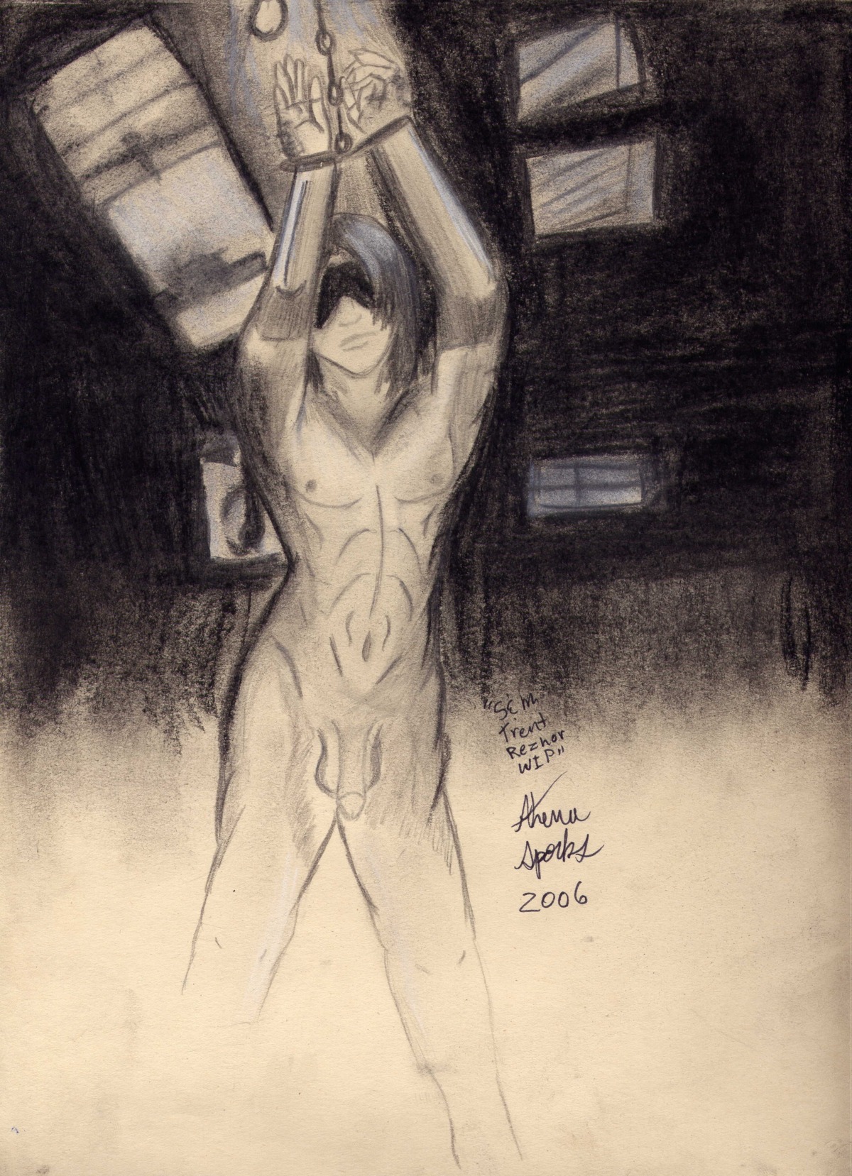 1boy 2006 arms_above_head arms_up blindfold chained feet_out_of_frame gay handcuffs male male_focus male_only musician naked naked_male nine_inch_nails nude nude_male penis real_person rule34 solo solo_focus solo_male tagme the_downward_spiral traditional_art traditional_drawing_(artwork) traditional_media traditional_media_(artwork) trent_reznor yaoi