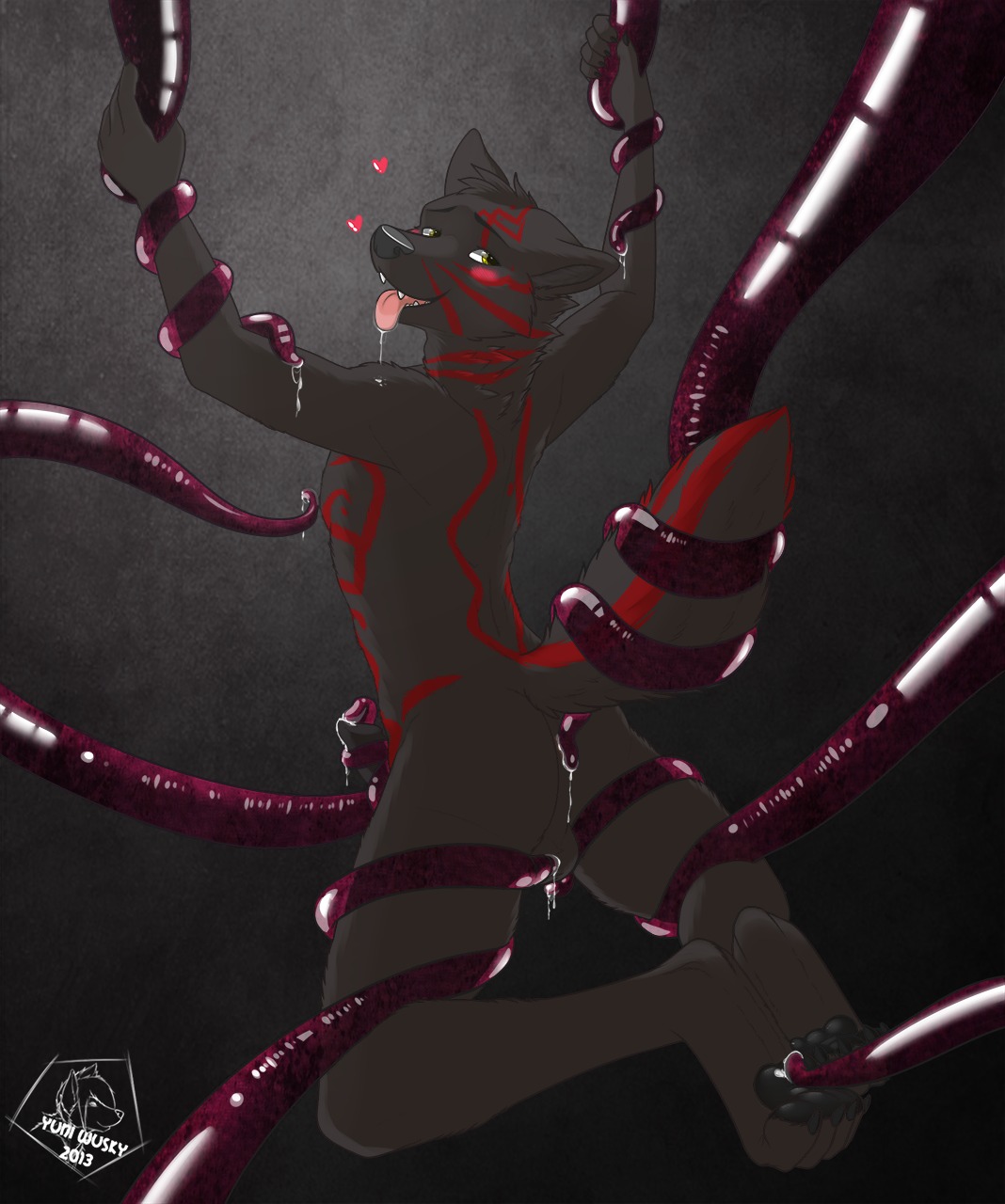 anal animal_genitalia anthro balls blush bodily_fluids canid canine canis consentacles cum e621 erection genital_fluids genitals heart_symbol hi_res looking_back male mammal markings nude pawpads paws penis saliva sheath solo tentacles thetruebluewolf tongue wolf yuniwolfsky