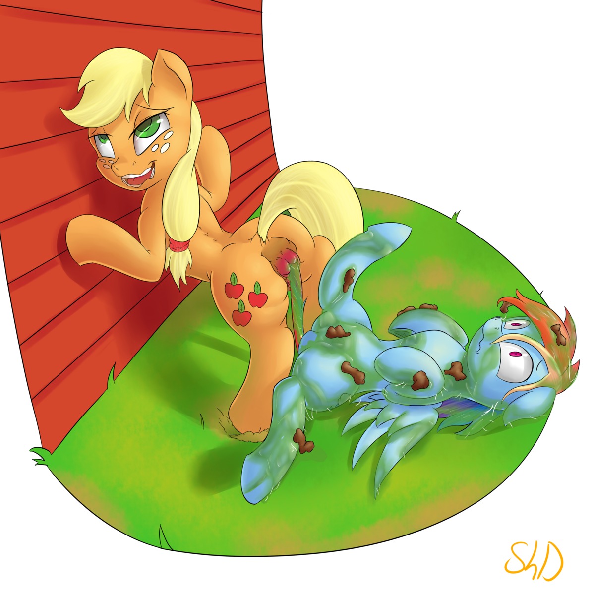 1:1 2014 absurd_res anal_prolapse anus applejack_(mlp) blonde_hair blue_body blue_feathers blue_fur butt cutie_mark duo e621 earth_pony equid equine feathered_wings feathers feces female female/female feral freckles friendship_is_magic fur green_eyes hair hasbro hi_res horse lying mammal multicolored_hair multicolored_tail my_little_pony mythological_creature mythological_equine mythology on_back open_mouth orange_body orange_fur outside pegasus pony prolapse purple_eyes rainbow_dash_(mlp) rainbow_hair rainbow_tail scatplay shdingo tail wings