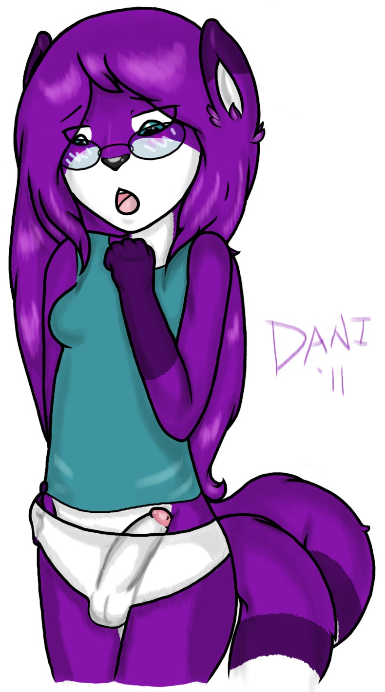 anthro balls balls_in_underwear biped blush canid canine clothing dani_(daniruu) daniruu e621 erection eyewear fox fur genitals glasses gynomorph hair hi_res intersex long_hair long_tail mammal multi_tail panties penis penis_poking_out purple_body purple_fur purple_hair shirt simple_background solo surprised tail tank_top topwear underwear white_background