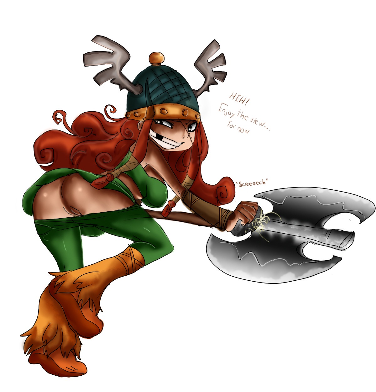 axe barbara_(rayman) barbarian female first_porn_of_character footwear headgear helmet human maniacpaint oddrich princess_(rayman) rayman_(series) rayman_legends red_hair rule34 viking weapon