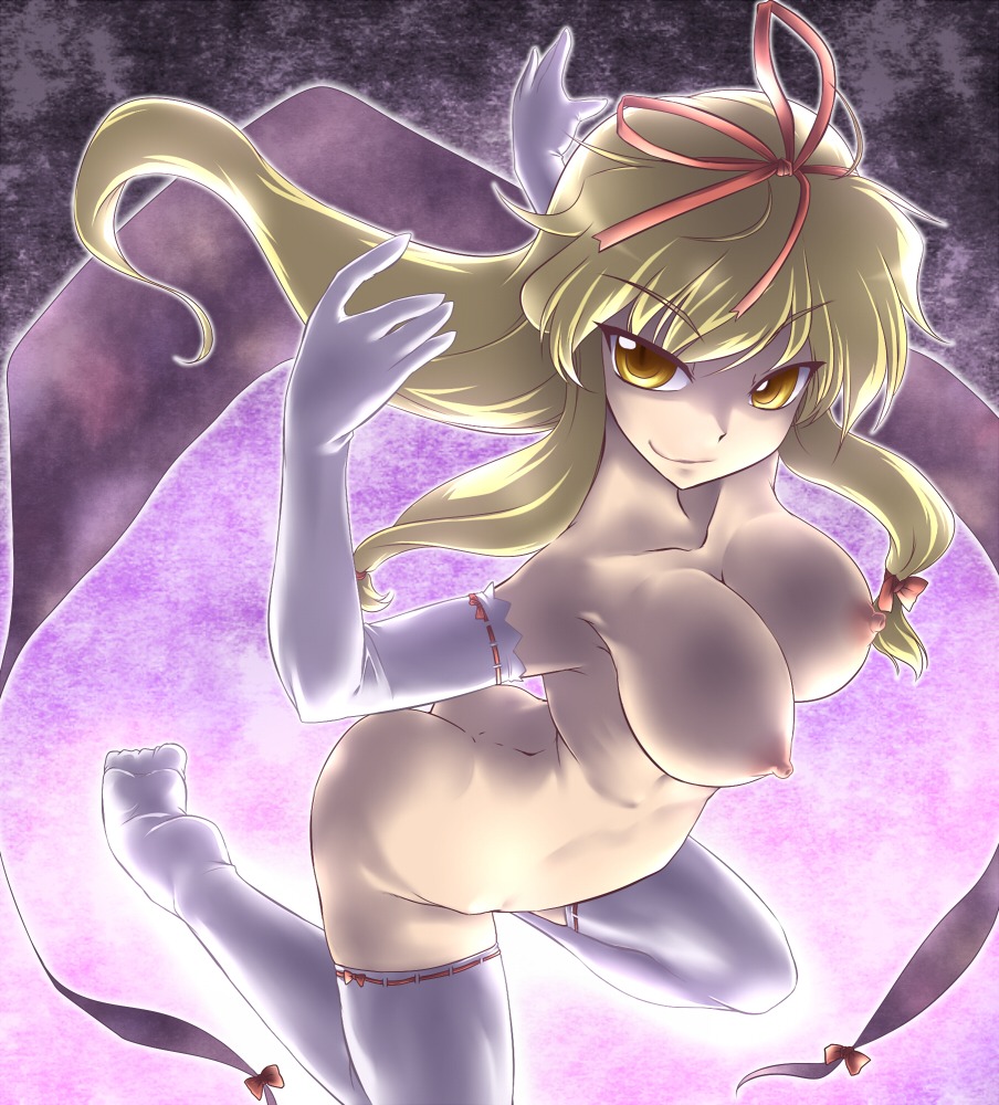 1girls 2d blonde blonde_female blonde_hair breasts closed_mouth closed_smile elbow_gloves female female_only gap gloves hair human human_female human_only large_breasts long_hair nipples nude open_eyes ribbon rule34 smile smiling solo thighhighs touhou yellow_eyes yellow_hair yoshi_tama yukari_yakumo
