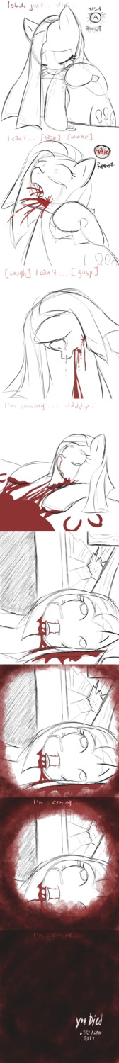 absurd_res blood bodily_fluids comic death e621 earth_pony english_text equid equine female feral friendship_is_magic gore grimdark haiku_oezu hasbro hi_res horse knife long_image mammal mirror my_little_pony pinkamena_(mlp) pinkie_pie_(mlp) pony quick_time_event semi-anthro simple_background solo suicide tall_image text