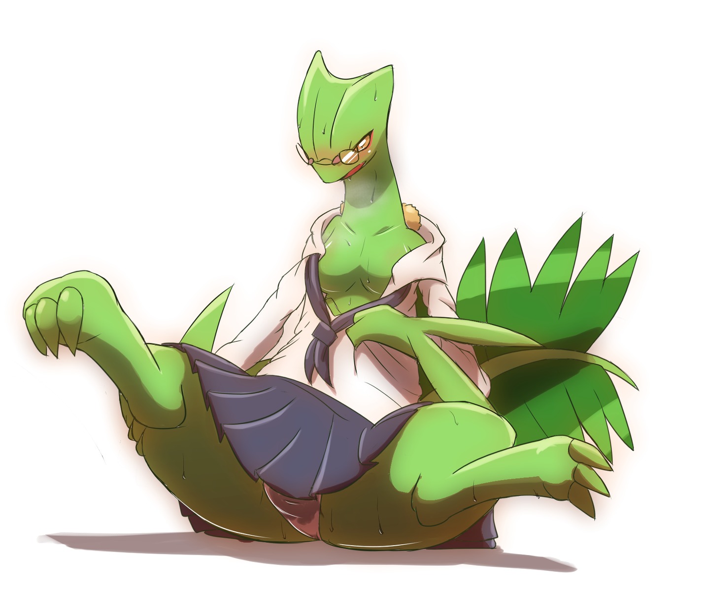 blush breasts clothes color female female_only front_view pokemon pokemon_(species) rule34 sceptile sitting solo tagme