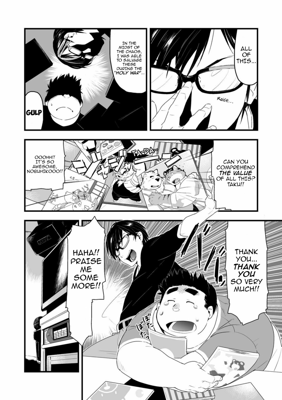 canid canine canis comic dialogue domestic_pig duo e621 english_text eyewear felid glasses greyscale hi_res human male mammal monochrome pantherine suid suine sus_(pig) text tiger translated unknown_artist wolf
