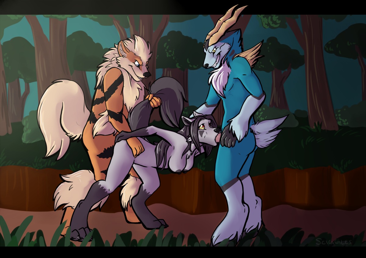 2011 anthro arcanine breasts canine cobalion deer female fur furry legendary_pokemon male mightyena nintendo nipples oral penis pokemon pokemon_(species) rule34 sciggles sex spitroast tail threesome