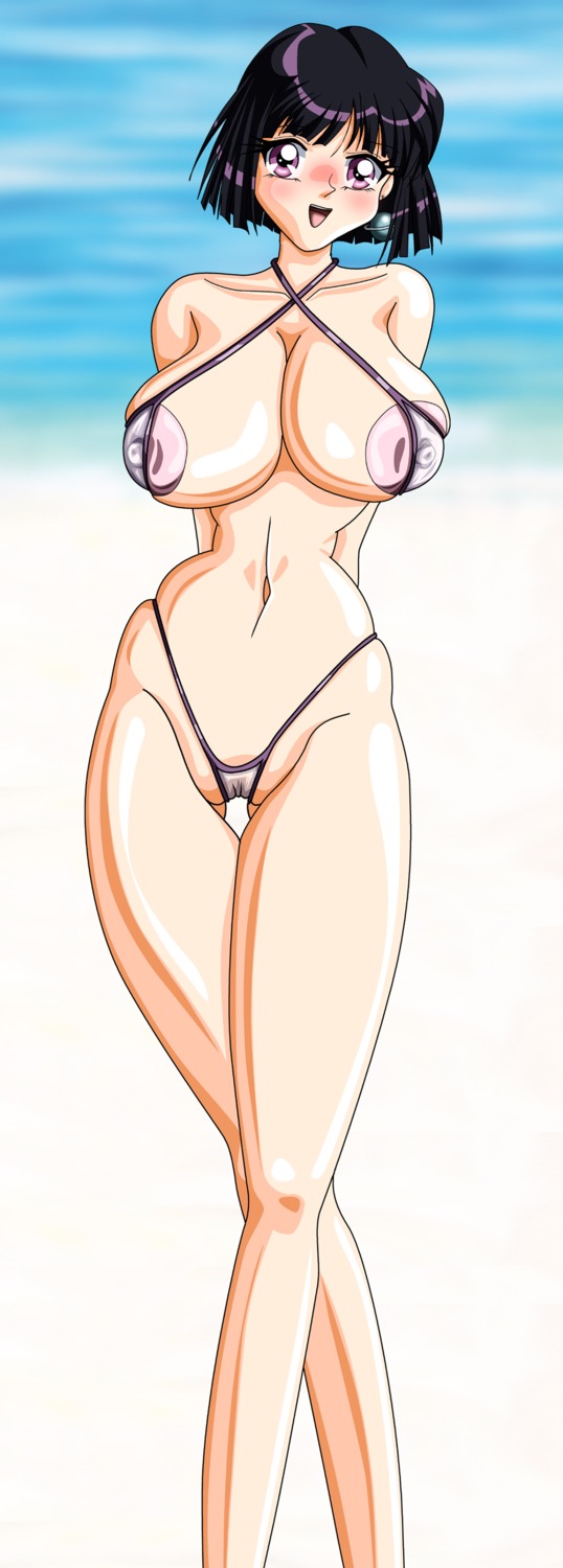 bikabika bishoujo_senshi_sailor_moon breasts female female_only hotaru_tomoe large_breasts looking_at_viewer navel purple_eyes purple_hair rule34 short_hair solo swimsuit tagme