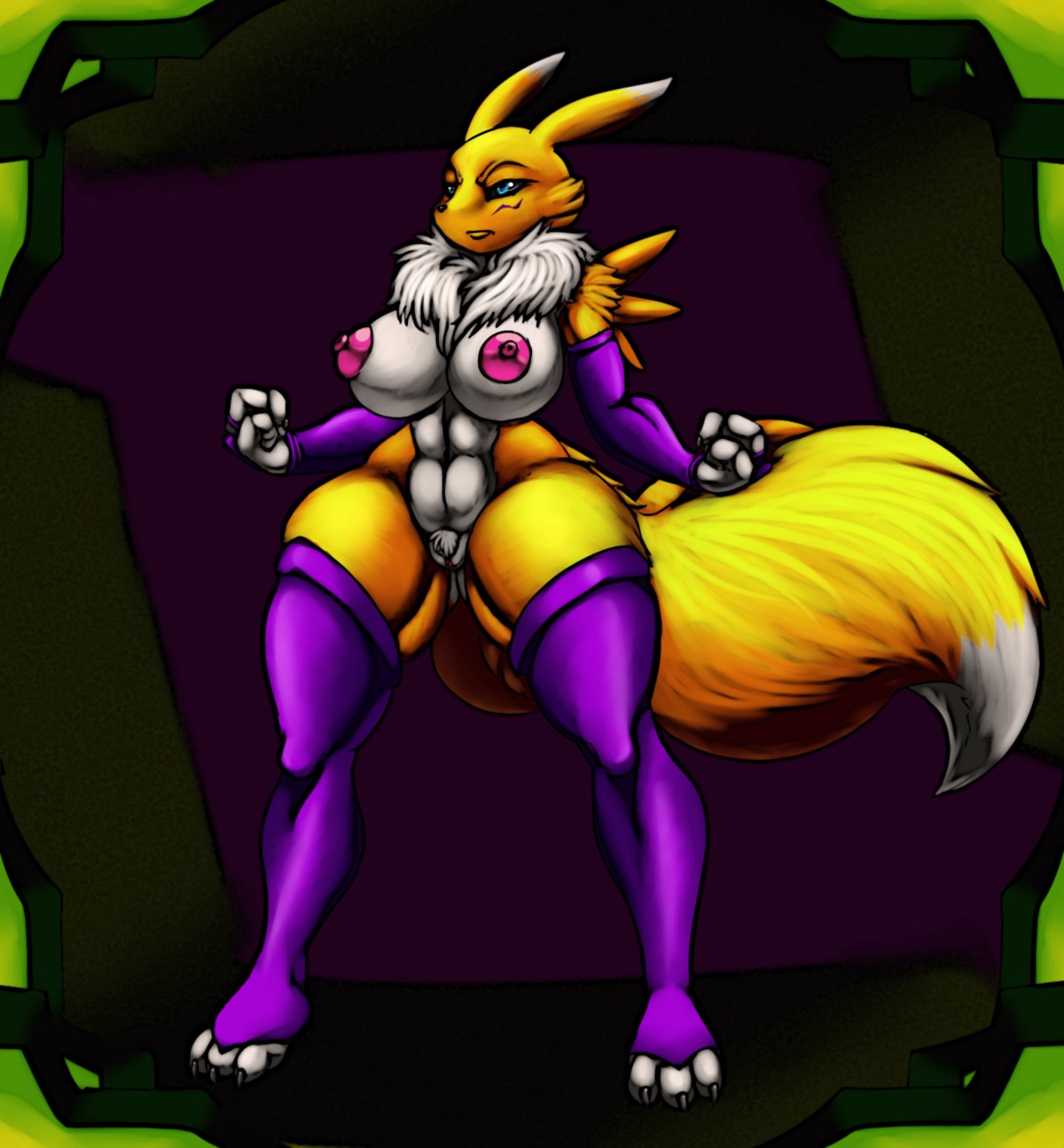 abs abstract_background angry anthro areola armwear bandai_namco big_areola big_breasts black_sclera blue_eyes breasts bridal_gauntlets canid canine chest_tuft claws clitoris clothing digimon digimon_(species) dipstick_tail e621 erect_nipples facial_markings female fluffy footwear fur genitals gloves handwear head_markings hi_res legwear lips mammal mane markings mostly_nude muscular muscular_anthro muscular_female navel nipples pubes puffy_nipples purple_clothing renamon simple_background solo tail tail_markings thecon thick_thighs thigh_highs toeless_footwear toeless_legwear tuft vulva white_body white_fur wide_hips yellow_body yellow_fur