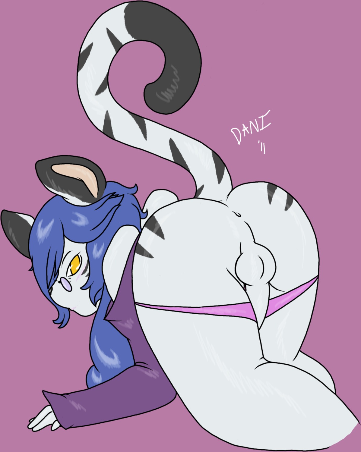 anthro anus ass_up backsack balls bent_over biped blue_hair butt chao_xiang clothed clothing daniruu e621 erection eyewear felid femboy genitals glasses hair hi_res leucistic long_hair long_tail looking_at_viewer looking_back male mammal pantherine panties partially_clothed penis presenting presenting_hindquarters shirt solo stripes tail tiger topwear underwear yellow_eyes