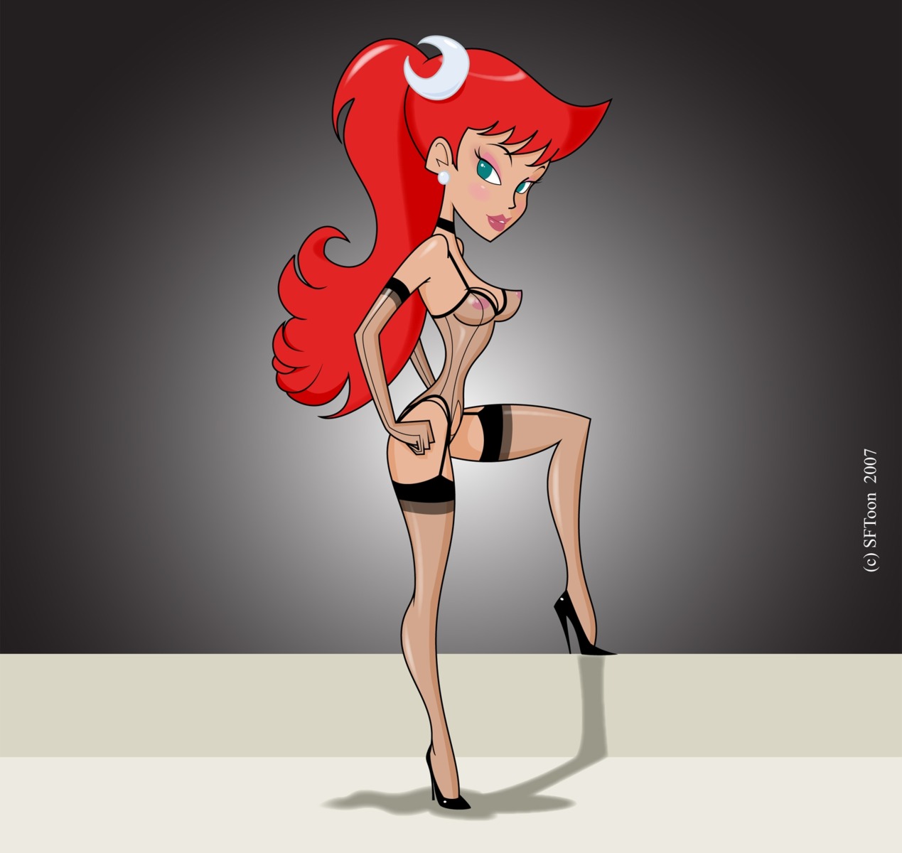 1girls 2007 black_heels breasts cartoon_network color eyeshadow female female_only garter_straps high_heels human johnny_test_(series) light-skinned_female light_skin lingerie mary_test nipples pink_eyeshadow red_hair rule34 sftoon solo stockings straight_hair teal_eyes