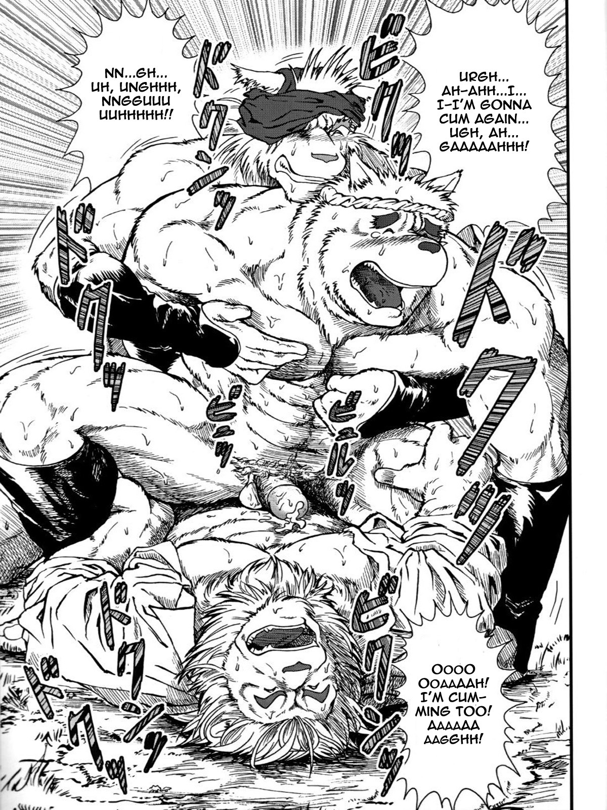 3:4 anal anal_penetration anthro balls bodily_fluids canid canine canis clothed clothing comic cum dialogue domestic_dog double_penetration e621 english_text erection felid genital_fluids genitals greyscale group group_sex hi_res humanoid_genitalia humanoid_penis jin_(artist) lion male male/male male_penetrated male_penetrating male_penetrating_male mammal monochrome mostly_nude orgasm pantherine partially_clothed penetration penis sex text threesome translated trio wolf